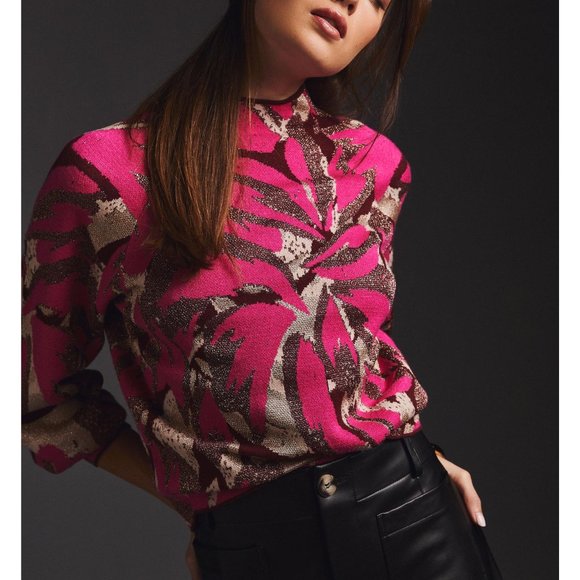 By Anthropologie The Beatriz Mock-Neck Sweater Pink Lurex Combo - XS - Picture 1 of 13